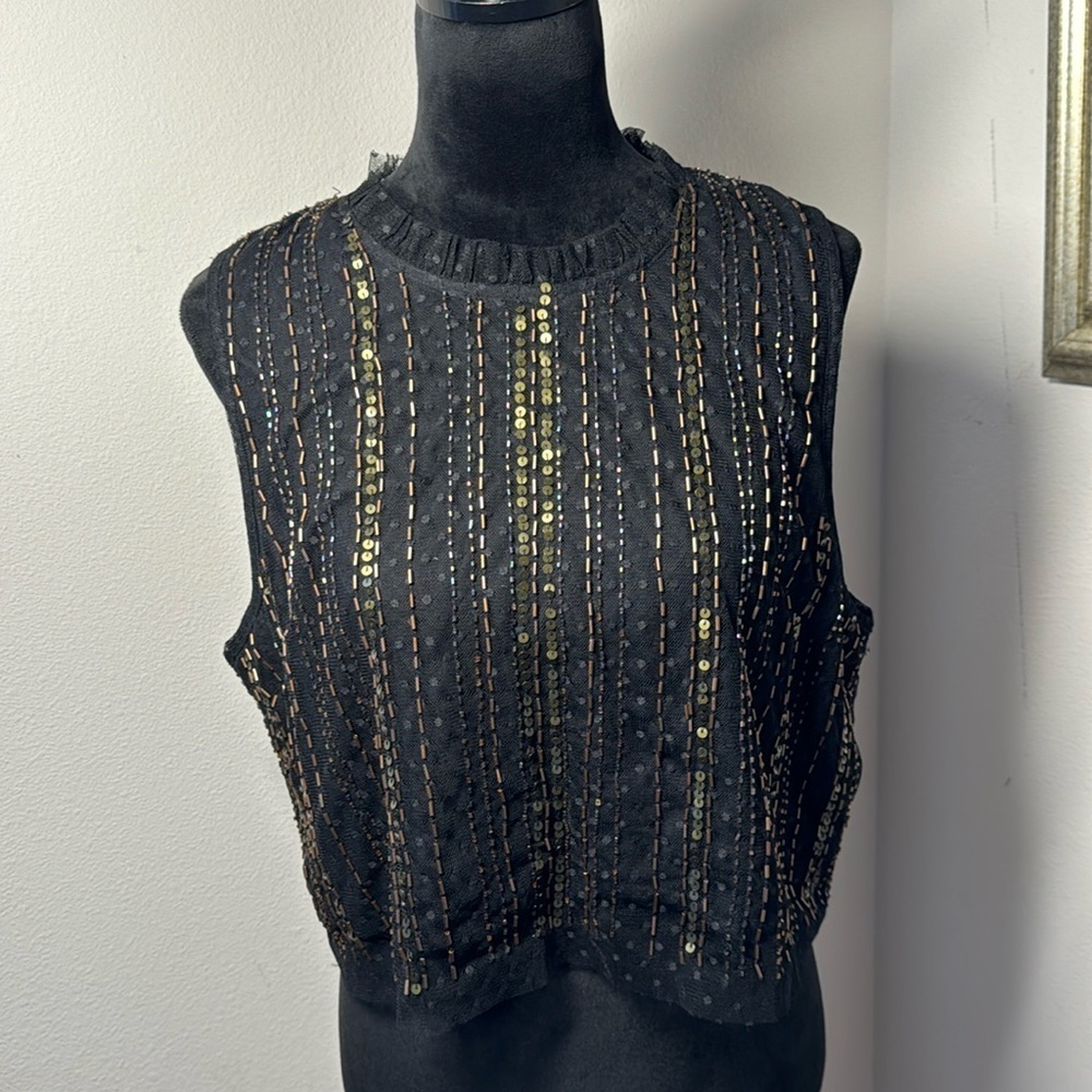 Letwelse sleeveless cropped sequin beaded black top blouse Sz XL‎